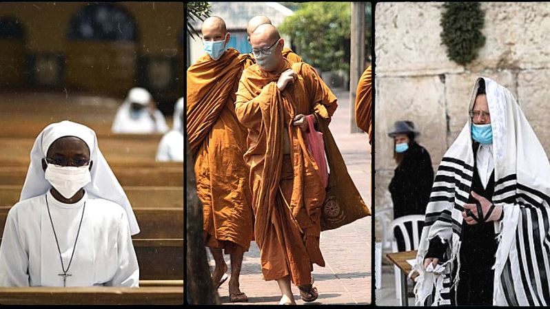 Nun sitting in church, buddhist monks walking and rabbi standing in 3 separate panels